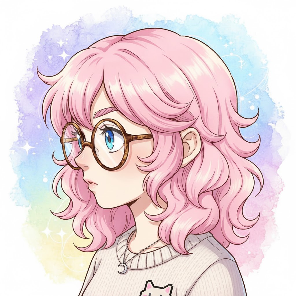 Uma ilustração em estilo anime de uma jovem com cabelos cor-de-rosa e óculos, exibindo um suéter bege com um detalhe de gato em pixel art e um colar de lua crescente, sobre um fundo aquarelado e estrelado em tons de azul, roxo e amarelo.