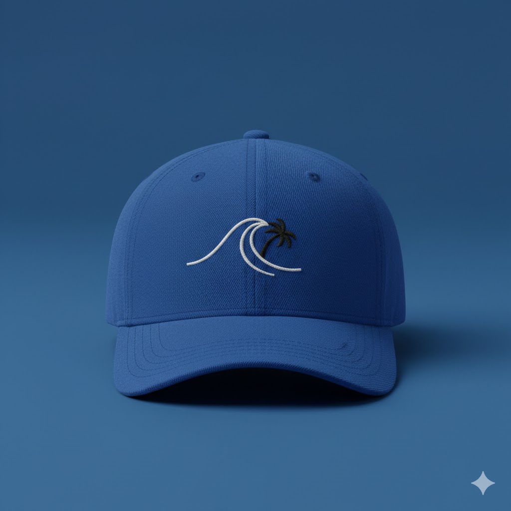 Um boné azul claro com logo de onda e coqueiro.